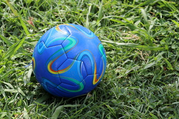 Blue  football ball on the grass