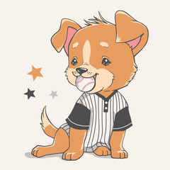 Vector illustration of a cute puppy in a t-shirt, holding a baseball ball in his mouth.