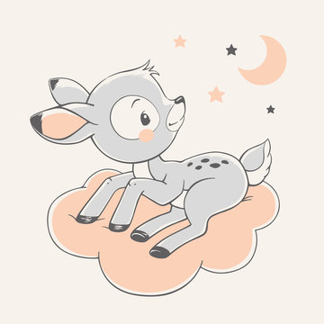 Vector hand drawn illustration of a cute deer, sitting on the cloud.