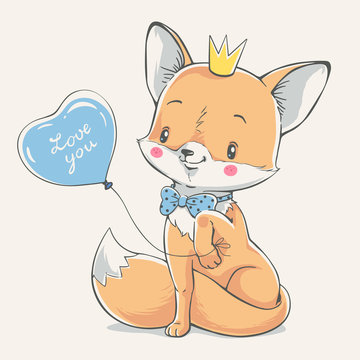 Cute red fox prince with a blue balloon vector illustration.