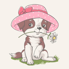 Vector illustration of a cute puppy girl in a pink hat with a camomile in her mouth.
