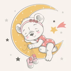 Rolgordijnen Schattige dieren Vectorillustratie van een schattige baby Beer, slapen op de maan tussen de sterren.