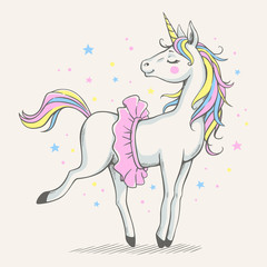 Vector illustration of a cute unicorn ballerina in a pink tutu.