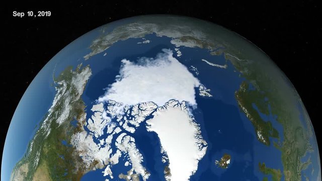 Animation of the sea ice maximum between 1984 and 2019. Sept 2019 Arctic Sea ice reach minimum. Elements of this images furnished by NASA/Goddard Space Flight Center Scientific Visualization Studio 