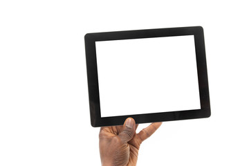 African man holding a tablet computer in one hand