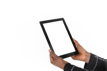 African woman holding a tablet in her hands