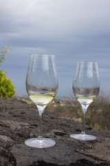 A glass of white wine on the lava stone