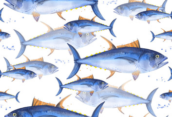 Seamless pattern of school of bluefin tuna. Watercolor fishes wrapping on white background