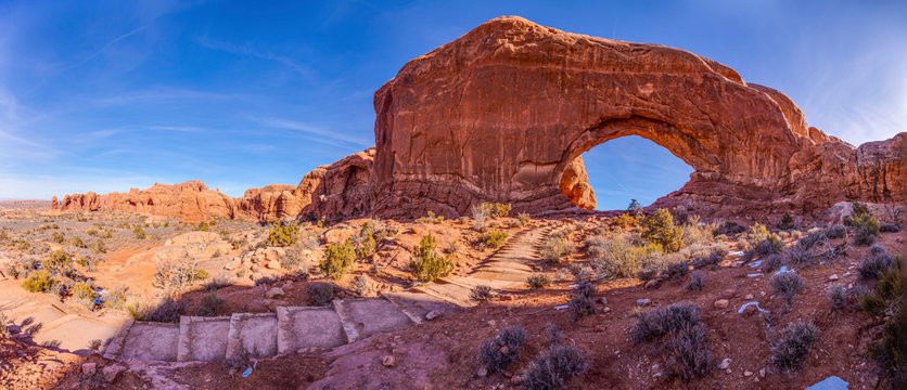 Panoramic picture of natural and geological wonders of Arches national park in Utah in winter