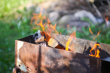 Firewood and fire in brazier