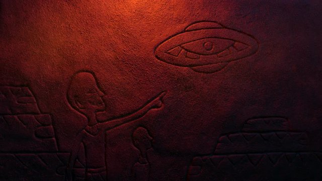 UFO With People Pointing Ancient Rock Carving