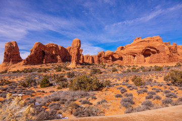 Fototapeta premium Panoramic picture of natural and geological wonders of Arches national park in Utah in winter