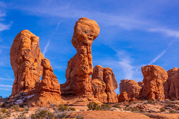 Panoramic picture of natural and geological wonders of Arches national park in Utah in winter