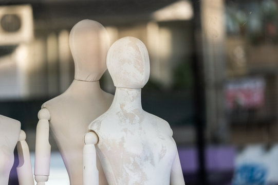 Boutique display window with mannequins