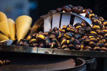A closeup view of some roasted chestnuts in Navona Square, Christmas, Rome, Italy