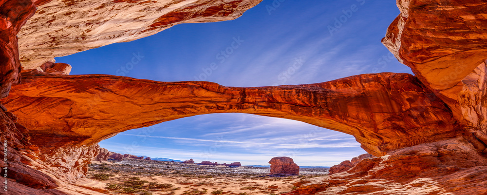 Wall mural panoramic picture of natural and geological wonders of arches national park in utah in winter