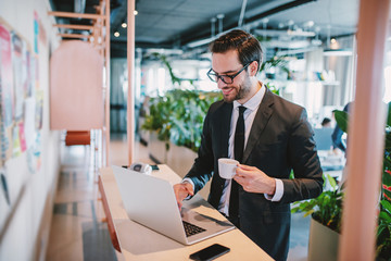 Smiling attractive caucasian bearded businessman in suit and with eyeglasses holding mug with coffee and looking at laptop while standing at counter. Company interior.