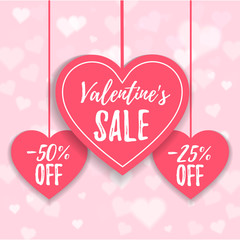 Valentine's day sale offer, banner template. Pink heart with lettering, isolated on pink background. Valentines Heart sale with cupidon. Shop market poster design. Vector