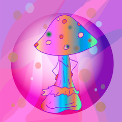 Vibrant colorful mushroom on a fluorescent background. Psychedelic hippie vector illustration. Style of 60s.