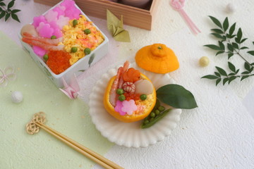 おせち料理と花ちらしずし・みかんずし