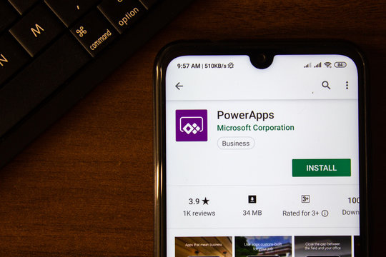 Ivanovsk, Russia - July 07, 2019: PowerApps app on the display of smartphone or tablet.