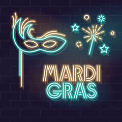 Neon typography for mardi gras canrival with old style mask and sparkling candle. Vector line art illustration on brick wall background. Isolated elements for poster, banner.