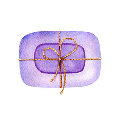 Lavender soap tied with a scourge, ribbon. Hand watercolor illustration isolated on white background close-up. Design for banner, template, advertisement, label, packaging, wrapper.