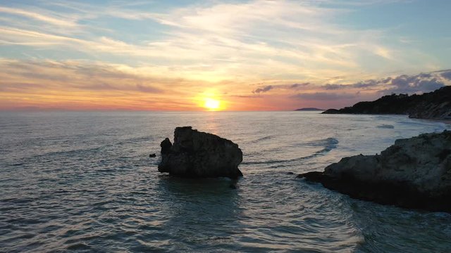 Sunset on the sea on the island of Sicily. Aerial view