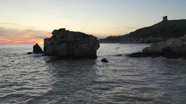 Sunset on the sea on the island of Sicily. Aerial view