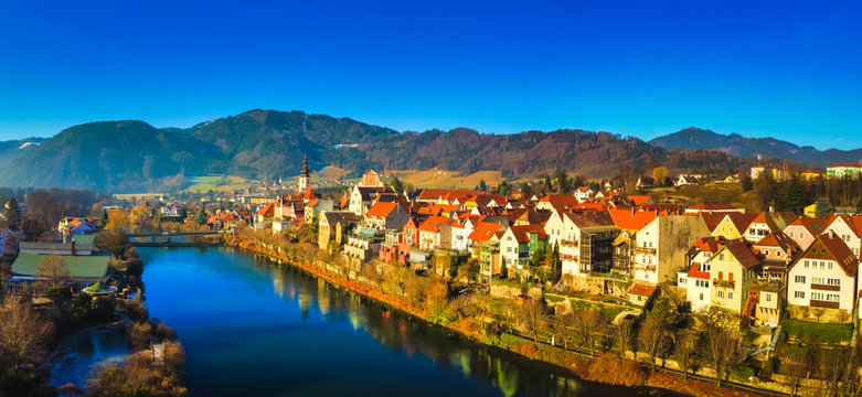 Frohnleiten aerial panorama small town above Mur river in Styria,Austria. View at Parish church, town and river Mur. Famous travel destination.
