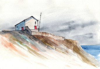 Watercolor picture of a small house on the seashore with cloudy sky and blue sea on the background