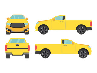 Set of yellow pickup truck single cab car view on white background,illustration vector,Side, front, back © lockon16