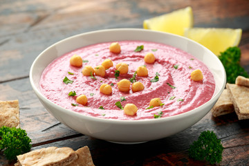 Beetroot Hummus with chickpea, olive oil, lemon and pita bread