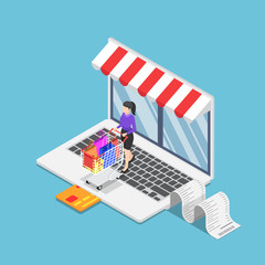 Isometric business woman with cart shopping on online store on laptop