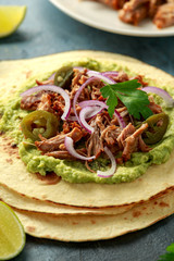 Mexican Corn tortilla with shredded Pork, avocado, red onion and jalapeno