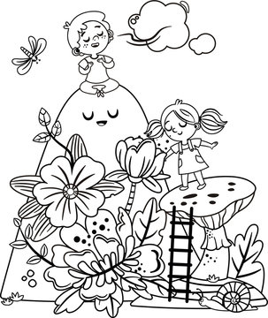 A girl and a boy take a deep breath while in the colorful nature. Black and White. Vector illustration.