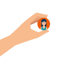 hand and button with face woman isolated icon vector illustration design