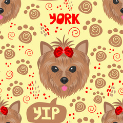 Seamless pattern for printing on fabric, paper and other surfaces. Cute faces of dogs. Flat vector illustration. Yorkshire terrier.