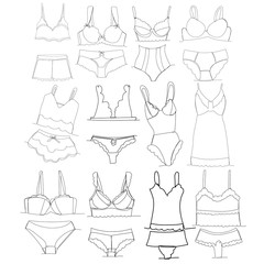 vector, on a white background, one-line drawing of a set of lingerie