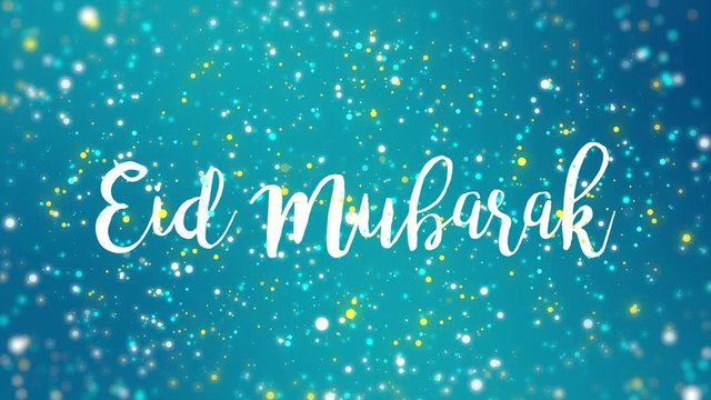 Sparkly Eid Mubarak greeting card video animation with handwritten text and colorful glitter particles flickering on turquoise blue background.