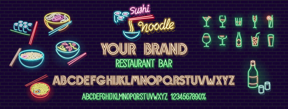 Neon noodle, sushi, cocktails and beer set with fluorescent alphabet. Isolated vector glowing letters and icons of brick wall background for menu, banner, advertisement.