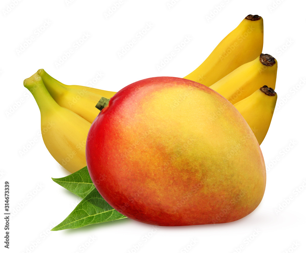 Canvas Prints mango and bunch of bananas on white background with clipping path.