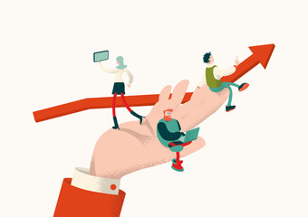 Business management concept. Giant hand holding team of people, that work on it. Growth chart is on the background. Grain textures. It can uses for web banners, infographics, presentation. 