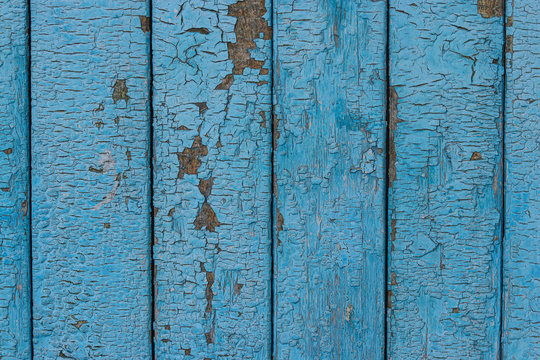 Old shabby wooden planks with cracked blue color paint, Rural country background