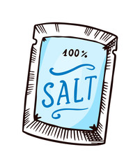 Sea salt packaging. Powdered powder and bunch of seeds. Vintage background poster. Engraved hand drawn sketch. 