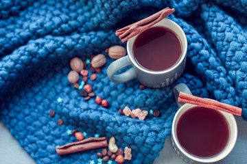 hot chocolate with cinnamon on a background of blue knitted plaid