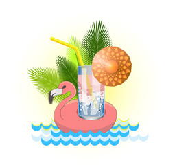 Vector image of a glass glass with a refreshing cocktail with an umbrella and a straw, appreciating freshness on a sultry day.