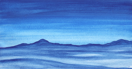 Abstract winter lanscape in watercolor. Blue hills and mountains.