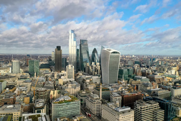 Naklejka na ściany i meble London city centre aerial panorama view: financial district, Thames river, Belfast, skyscrappers, warf and buildings and St. Pauls Cathedral, Tower Bridge and The Tower