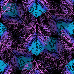 Seamless pattern with blue and purple neon leaf on black background, for material, postcards, invitations, greeting cards, clothes, paper, holiday, wallpaper, wrapping, textile. Painted in watercolor